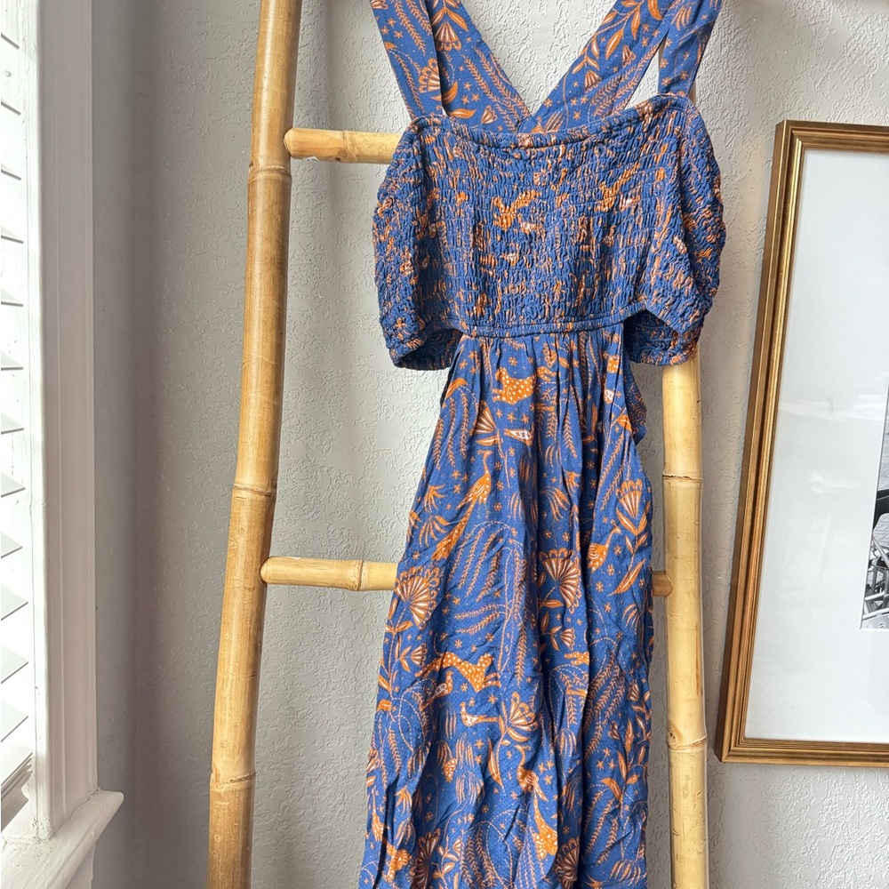 Anthropologie The Piper Bandeau Cutout Blue and Orange V-Neck Sundress